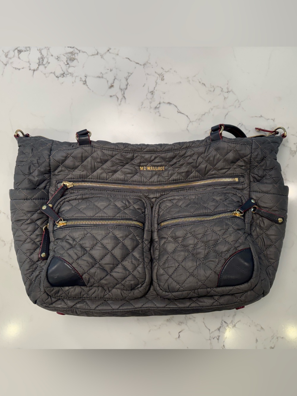 Quilted Gray MZ Wallace Shoulder Bag with Multiple Zip Pockets